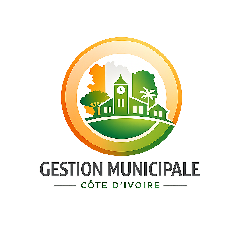 Logo Gestion Municipale Côte d’Ivoire, représentant un hôtel de ville dans une forme inspirée du territoire ivoirien